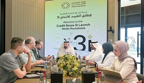 Marwan Ahmad Lufti, Director General of Etihad Credit Bureau speaks at the media briefing in Abu Dhabi, where Score 3i was introduced.