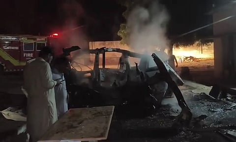 A fire truck responds to the scene after an ambulance caught fire in Tharparkar on Oct 28, 2026.