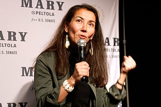 Mary Peltola, a Democrat running for the US Senate seat in Alaska, addresses supporters at an election watch party on Aug. 18, 2026, in Anchorage, Alaska. 
