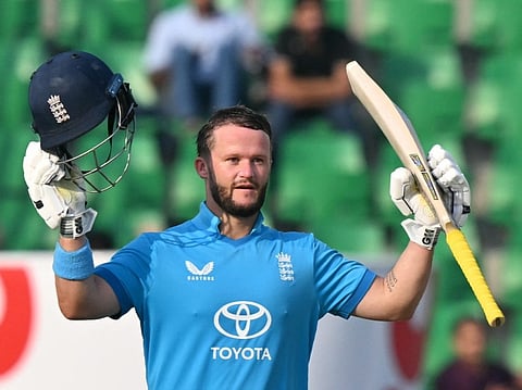 England's Ben Duckett celebrates after scoring a century during the ODI tri-series match against Sri Lanka at the Gaddafi stadium in Lahore on October 29, 2026.