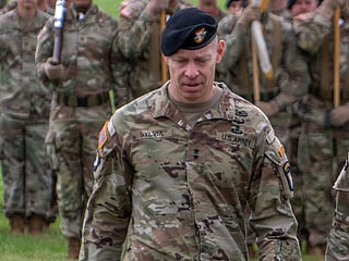 This photo provided by the US Army shows Maj. Gen. Brett Sylvia, at a 101st Airborne Division change of command ceremony at Fort Campbell, Ky., May 30, 2025. 