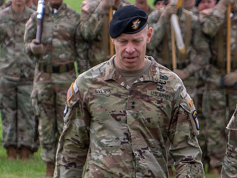 This photo provided by the US Army shows Maj. Gen. Brett Sylvia, at a 101st Airborne Division change of command ceremony at Fort Campbell, Ky., May 30, 2025. 