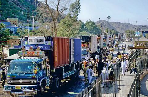 This file picture shows trucks entering Pakistan through the Torkham border crossing with Afghanistan.