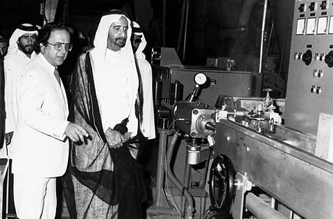 Late Shaikh Rashid Bin Saeed Al Maktoum, Vice-President and Prime Minister of the UAE and Ruler of Dubai, being shown around the factory of Ducab on November 24, 1979, by Abdullah Saleh, just after the opening ceremony.