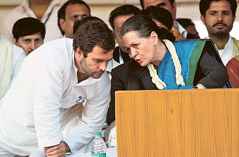 Congress Party president Sonia Gandhi with her son Rahul Gandhi in New Delhi 