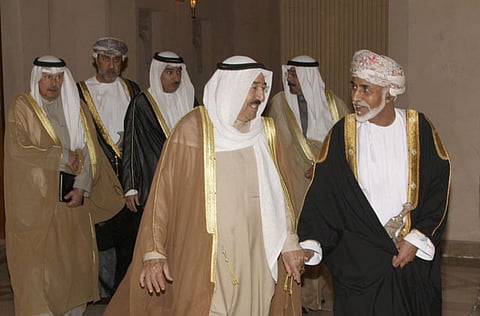 File picture shows late Omani monarch Sultan Qaboos Bin Saeed and Sheikh Sabah Al Ahmad Al Sabah, the Kuwaiti Emir who passed away yesterday.