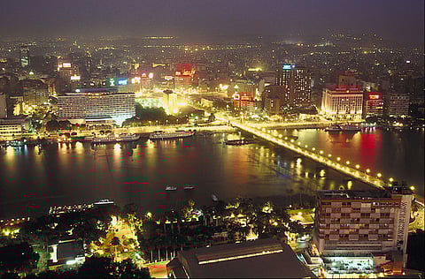 A view of the Cairo skyline in the night.