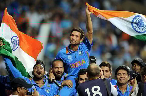 Sachin Tendulkar is carried on his teammates' shoulders after India defeated Sri Lanka in the ICC Cricket World Cup 2011 final 