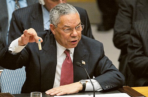 In 2003, Powell made Bush’s case at the UN Security Council, claiming that Saddam had secretly possessed weapons of mass destruction to justify the US-led invasion of Iraq. The intelligence cited by Powell turned out to be faulty and the purported weaponry was never found.