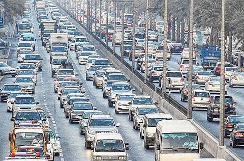 Morning rush hour traffic on Al Wahda Road (towards Dubai)in Sharjah.