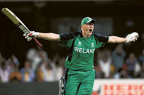 Ireland’s Kevin O’Brien celebrates his record-breaking century against England in 2011 ICC World Cup.
