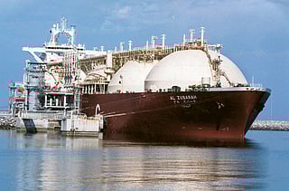 A Qatari liquified natural gas (LNG) tanker being loaded at Ras Laffan. 
