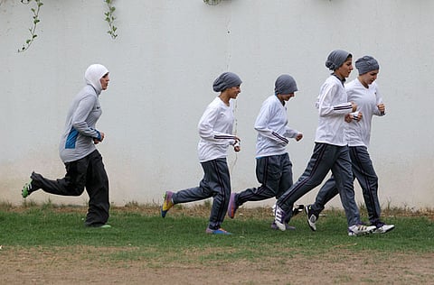 Members of a Saudi Arabia female soccer team practice at a secret location in Riyadh. 