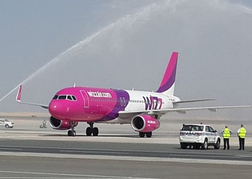 A Wizz Air flight from Budapest Hungary arrives in Dubai