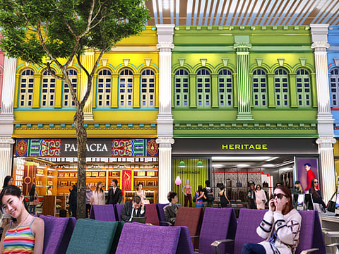 Airports are no longer soulless mega hubs. Lounges and the intricate features provided in them can make for quite a pleasant experience. Pictured here is an artist's impression of the cultural shop fronts in the departure transit lounge at Changi Airport's Terminal 4.