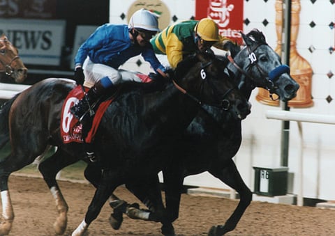 memorable: Silver Charm, ridden by Gary Stevens, left, wins the 1998 Dubai World Cup