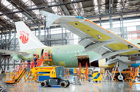 An Air China Airbus A320 under construction on the assembly line of Airbus factory in Tianjin. Chinese airlines are shunning some deliveries of Airbus aircraft, citing fears of coronavirus infection for their staff in the latest tussle over efforts to keep delayed deliveries on track.