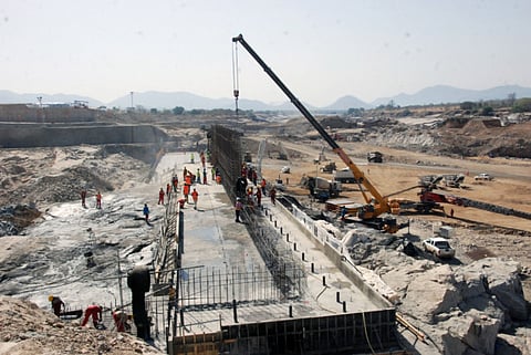 In this photo made Tuesday, April 2, 2013, shows the construction of the dam in Asosa Region Ethiopia.  