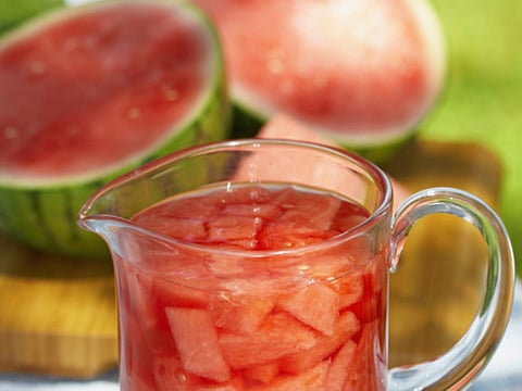 A pitcher of watermelon agua fresca