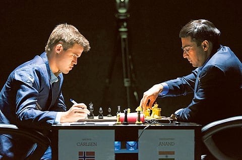 Viswanathan Anand (right) during a world championship match against Norwegian chess world champion Magnus Carlsen. 