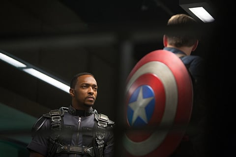 This image released by Marvel shows Anthony Mackie in a scene from "Captain America: The Winter Soldier."