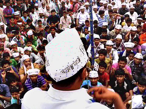 In this file picture, AAP leader Arvind Kejriwal addresses his supporters  in Varanasi.