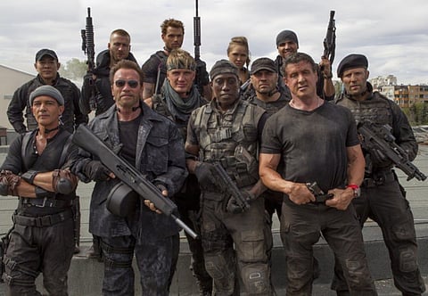 Jet Li, Antonio Banderas, Glen Powell, Arnold Schwarzenegger, Kellan Lutz, Dolph Lundgren, Ronda Rousey, Randy Couture, Victor Ortiz, Sylvester Stallone and Jason Statham in Lionsgate Film's 'The Expendables 3'.