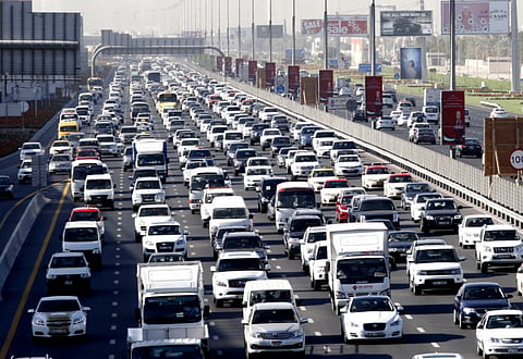 Congestion builds on Sheikh Zayed Road, E311 and Al Khail Road towards Dubai.