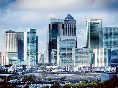 Canary Wharf in London. British business confidence jumped to its highest level in more than four years in August.