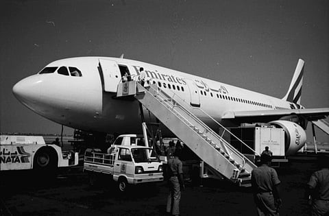 October 21, 1985: Emirates Airlines' first flight to Karachi from Dubai. The launch of Emirates came following the signing of the lease agreement with the arrival of one of the two aircraft, a Boeing 737-300, at the Dubai International Airport, leased from PIA. Sheikh Ahmad Bin Saeed Al Maktoum, Chairman of the airline, said then that the two aircraft would help launch Emirates' commercial operations. Initially, the airline operated services to Karachi, Bombay and Delhi.