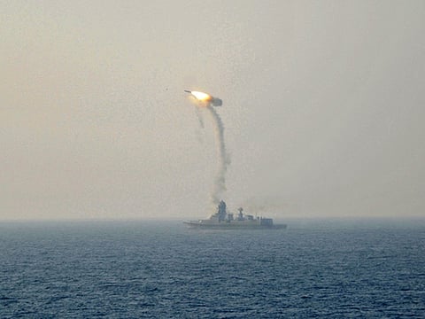 SUPERSONIC CRUISE MISSILE: A BrahMos missile is test-fired from newly-commissioned indigeneous guided missile destroyer the INS Kochi, India.