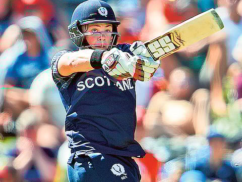 Scotland batsman Matt Machan hooks a ball away against New Zealand bowling during their 2015 Cricket World Cup in Dunedin. 