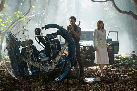 Chris Pratt and Bryce Dallas Howard in a scene from the film 'Jurassic World'.