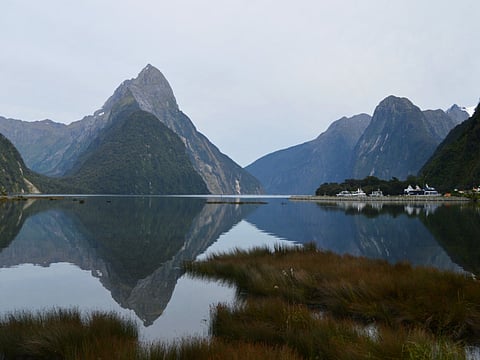Mitre Peak overlooking Milford Sound in New Zealand.