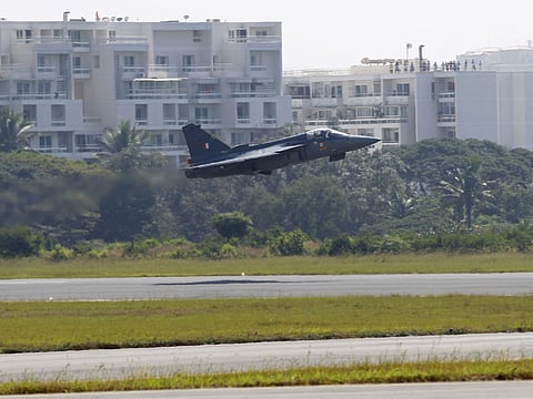 File picture shows Tejas, a combat aircraft made by the state-owned Hindustan Aeronautics Ltd, takes off in Bengaluru