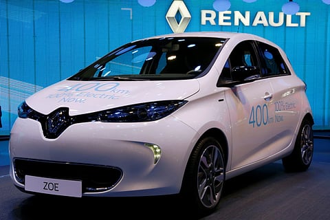A Renault Zoe electric car is displayed at the Mondial de l'Automobile, an auto show in Paris.