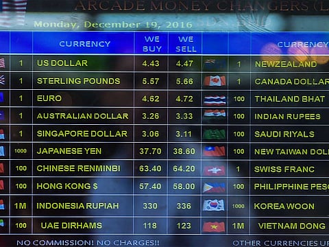 A screen displaying various foreign currency exchange rates is seen at a money changer in Kuala Lumpur. 