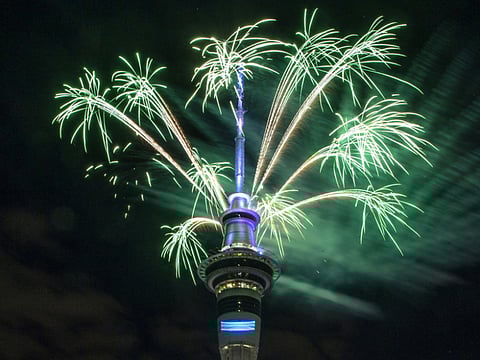 Fireworks on Auckland's Skytower in New Zealand.
