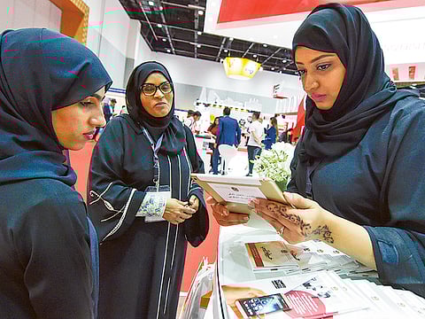 Emirati students at the Ministry of Education stand. The event will bring together over 200 of the world’s top-ranking educational institutions from UAE, India, USA, Canada, UK, Turkey, France, Hungary, Georgia, Armenia, Singapore, Malaysia and several other countries.