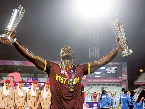  Darren Sammy, the then West Indies captain, poses with a pair of trophies as he celebrates after victory in the World T20 cricket final in 2016. It was the last edition of the World Cup in this format.
