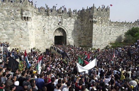 June 1, 2001: Palestinians march through occupied Jerusalem