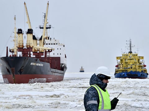 The icebreaker Tor (R) at the port of Sabetta in the Kara Sea shore line on the Yamal Peninsula in the Arctic circle, some 2450 km of Moscow.  Yamal LNG -- which is set to be launched in 2017 -- is a liquefied natural gas plant with a planned capacity of 16.5 million tonnes per year and is valued at $27 billion. It is located in on the Yamal peninsula, an Arctic region of Siberia that is a key Russian oil and gas producing region.