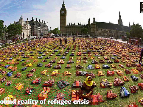 Hundreds of lifejackets in rows