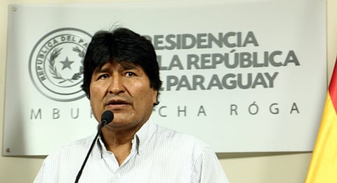 Bolivia's former President Evo Morales speaks during a news conference 
