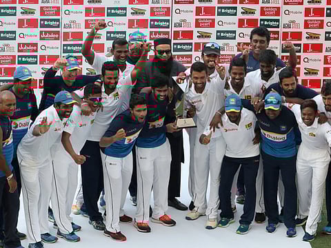Jubilant members of Sri Lankan cricket team after winning a Test series against Pakistan in Dubai in 2017.