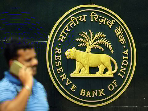 The Reserve Bank of India (RBI) logo at the head office in Mumbai.