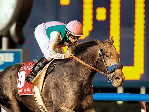 Arrogate, ridden by Mike Smith, en route to winning the Dubai World Cup at Meydan Racecourse in 2017.