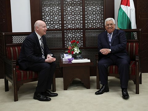 
Palestinian President Mahmoud Abbas meets with Jason Greenblatt, US President Donald Trump’s Middle East envoy, in Ramallah on Tuesday.