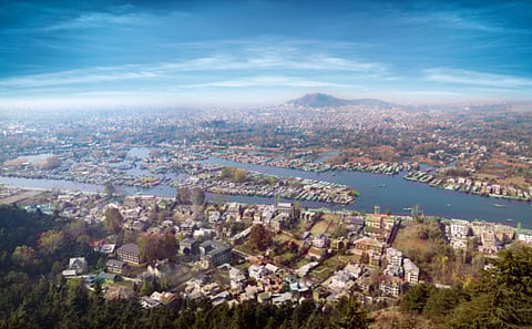 Aerial view of Srinagar cityscape and river, Kashmir, India