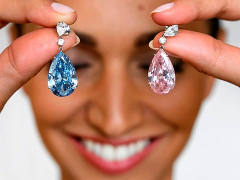 "The Apollo Blue" and "The Artemis Pink" diamonds, mounted as earrings (Picture for illustrative purposes only) 